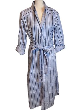 Grey Lab blue striped button front‎ belted midi shirt dress small